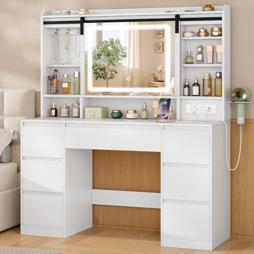 Hzuaneri Dressing Table with Sliding Mirror, Vanity Desk with Power Strip