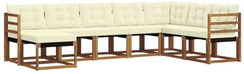 Qnhdfrt Juego de muebles de jardín de 8 piezas de madera maciza de acacia con tapicería, conjunto de asientos para exteriores para jardín y terraza, sofá modular natural y crema, 304 x 185,5 cm