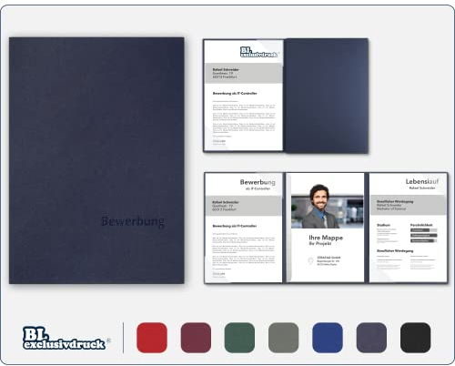 5 Stück 3-teilige Bewerbungsmappen BL-exclusivdruck® EASY in Marineblau - Premium-Qualität mit edler Relief-Prägung 'Bewerbung' - Produkt-Design von 'Mario Lemani'