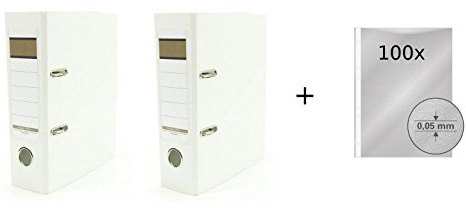 2x Ordner / DIN A5 / 75mm / Farbe: weiß + 100 Prospekthüllen