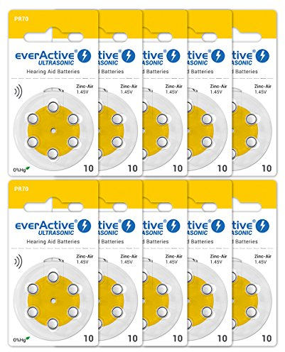 everActive Ultrasonic PR70 Lot de 60 Piles Zinc-air Haute Performance pour appareils auditifs 10 Cartes Blister Durée de Vie 4 Ans Jaune