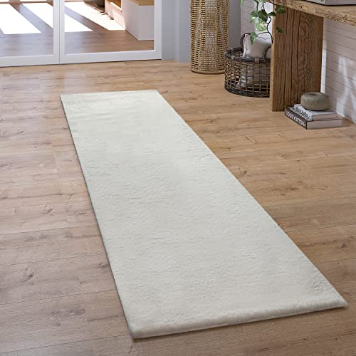 Paco Home Hochflor Teppich Wohnzimmer Schlafzimmer Shaggy Modern Flauschiger Fellteppich Weich Fell Imitat Kunstfell Einfarbig, Grösse:80x300 cm, Farbe:Creme