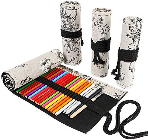 VIONNPPT Große Kapazität Leinwand Erwachsene Bleistift Wrap Rolle Fall Halter, tragbare Färbung Bleistift Halter Veranstalter Rolle Lagerung für Farbige Bleistifte (Pfingstrose, 72 Holes)