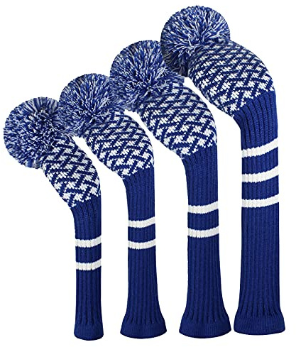 Scott Edward Personalized Knit Golf Club Covers 4 Counts for Woods and Driver Fit Max Drivers Fairways Hybrids/Utility Big Pom Pom Customized Patterns Decorate Golf Bags (Blue Reticulated)