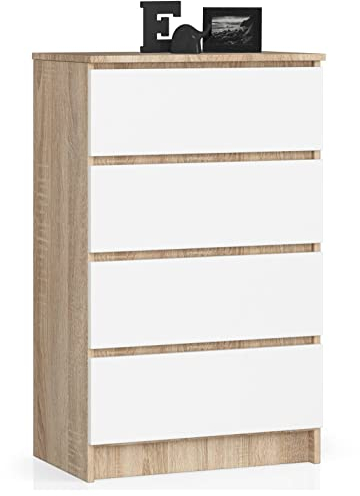 AKORD Kommode K60 60 cm | 4 Schubladen | Schrank | für das Wohnzimmer | für das Schlafzimmer | B60 x H99 x T40 cm | Gewicht 29,80 kg | Sonoma Eiche/Weiß