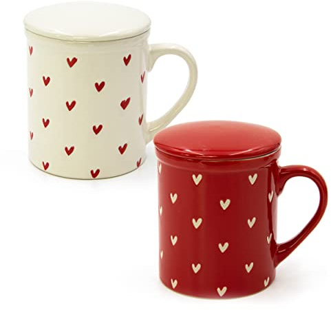 Blümelhuber Koppset av porslin med hjärtdekor – uppsättning av 2 färgglada muggar med hjärtan med lock och sil – 340 ml kapacitet