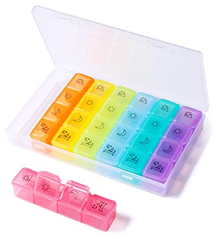 Vinabo Pilulier Semainier 7 Jours avec 4 Compartiments pour Matin, Midi, Soir et Nuit - 28 Compartiments au Total - Colorée