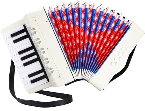 Akkordeon Kinder,17 Tasten 8 Bässe Ziehharmonika Kinder,Piano Akkordeon mit Einstellbare Trageriemen,Akkordeon Erwachsene und Kinder ab 3 Jahre,Ziehamonikar Musikinstrument Geschenk für Anfänger,Weiß