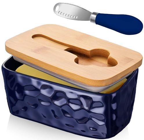 Porta Formaggio da Frigorifero, Porta Burro da Frigorifero, Formaggiera da Frigo, Portaburro da Frigo, Burriera in Vetro Ceramica Bianca con Coperchio in Bambù Burriera in Porcellana (Blu)