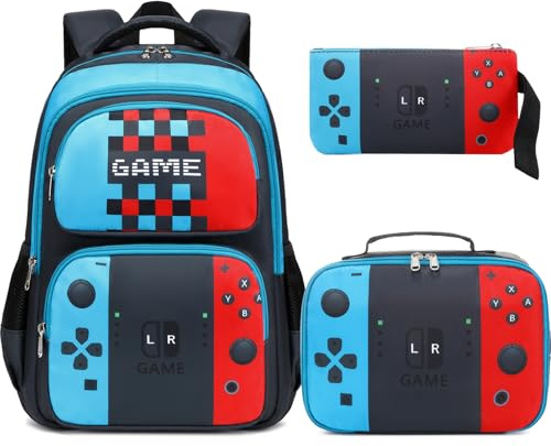 JIANYA Kids Backpack for School Boys Gamer School Bag for Elementary Kids Children 3pcs Boys Backpack with Lunch Box & Pencil Case