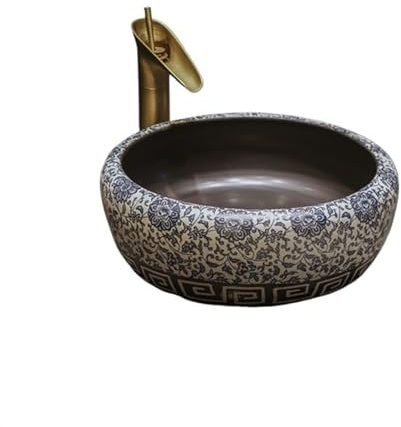 yixinzi-2024 Waschbecken Aufsatzwaschbecken im Vintage-Stil, rund, antikes chinesisches Keramik-Handwaschbecken, Badezimmer, Badezimmer-Waschbecken mit Zubehör Aufsatzwaschbecken