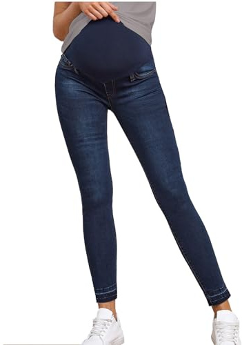 Damen Umstandsjeans Jeggings Full-Panel Pull-On Stretchy Denim Hose Skinny Denim Einfarbig Jeanshosen Unterbauch Schwangerschaft Hose Bequeme Umstandsjeans Für die gesamte Schwangerschaf (Blue, L)