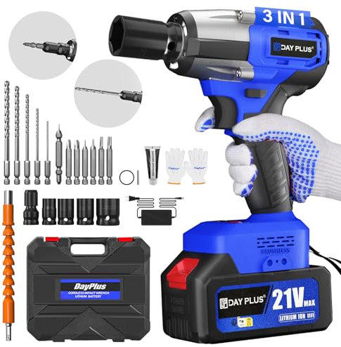 21V Llave de Impacto Inalámbrica Brushless, 1/2'' Pistola de Impacto Eléctrica, 550 Nm & 3400 RPM Llave de Impacto con 4000mAh y Carga Rápida, 16 Accesorios y Velocidad Variable para Coche, Hogar