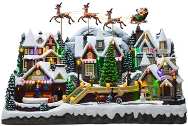 Wintem Pueblo navideño con iluminación LED y música, 37 x 55 x 33 cm – Decoración navideña en Movimiento Ideal para Decorar el hogar – Fabricado en Materiales Resistentes y Pintado a Mano