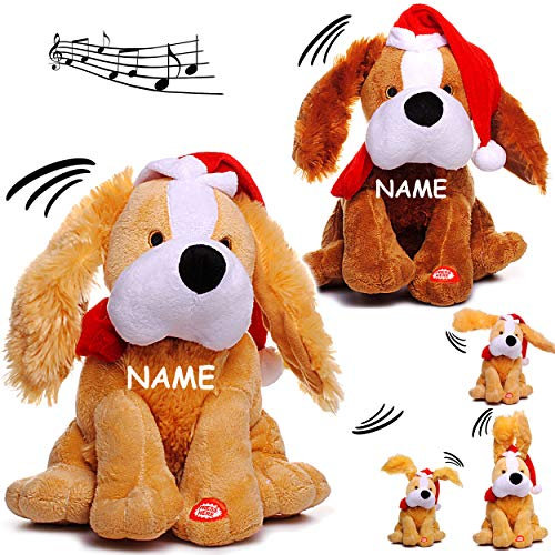 alles-meine.de GmbH XL - singender & Tanzender - Hund - Jingle Bells - inkl. Name - Plüschtier mit Sound & Bewegung - 26 cm - aus Stoff/Plüsch - Weihnachtsmann/Weihnachtshund..