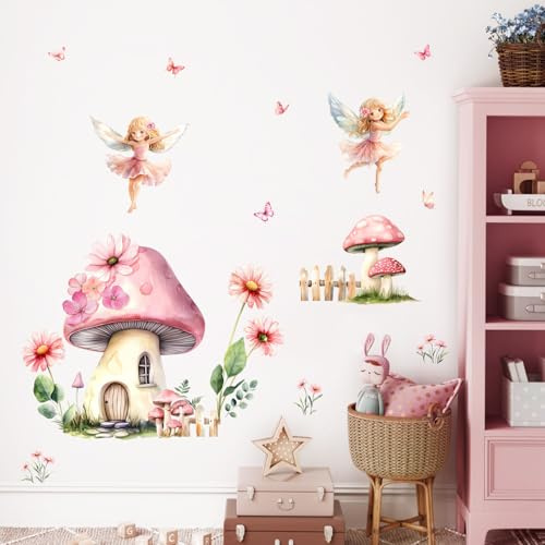 Tanlaby Champiñones Hada Pegatinas Pared Duendes Niña Flores Champiñón | Adhesivos Pared Flores Champiñón Mariposa Vinilos Decorativos para Niños Bebés Habitación Dormitorio
