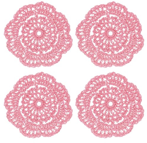 sourcing map Häkeldeckchen, 4 Stück, 10,2 cm, Baumwolle, gewebter Stoff, Spitze, rund, handgefertigt, Untersetzer mit Blumenmuster für Hochzeit, Party, Dekoration (Grau-Rosa)
