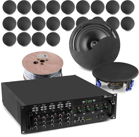Power Dynamics 4 Zone Audio Matrix System with 24x Black 6 Ceiling Speakers – Multi Zone Commercial Speaker Set, Background Music for Offices, Shops & Cafés, Bluetooth & Flexible Inputs