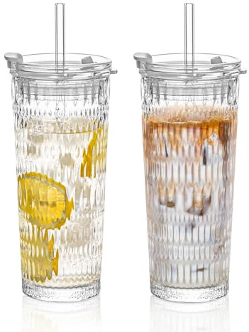 KEMORELA 2er Set Bruchsichere Glasbecher 530ml mit Deckel & Strohhalm, Auslaufsicherer Autobecher für Eiskaffee & Smoothies, 2-in-1 Multifunktionsdeckel, Ideal für Büro/Auto