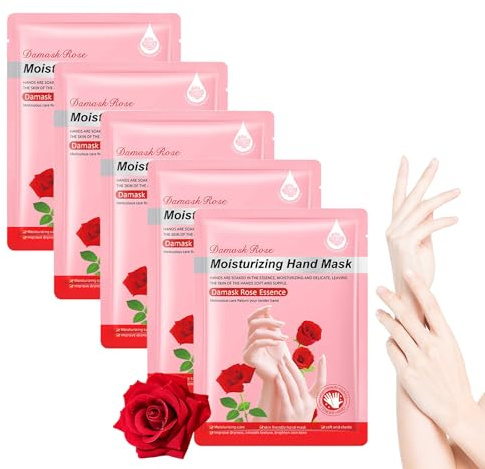Handmaske mit Rosen-Extrakt, 5er-Packung, Feuchtigkeitsspendende Handschuhe, Natürliche Nährstoffversorgung, Weichmacher für raue Hände, Hautglättende Wirkung, Trockenheitsvorbeugung