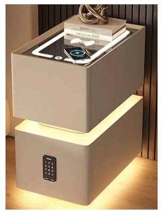 Narrow Smart Bedside Table with Charging Station, Password Lock and Led Light Modern Solid Wood Nightstand Mini Cabinet End Table Pre-Assembled for Bedroom