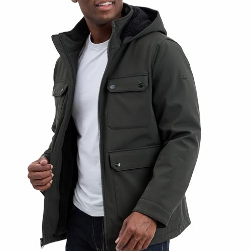 Michael Kors Mens Four Pocket Softshell Jacket with Faux Sherpa Lining, Wind and Water Resistant, Olive, Large