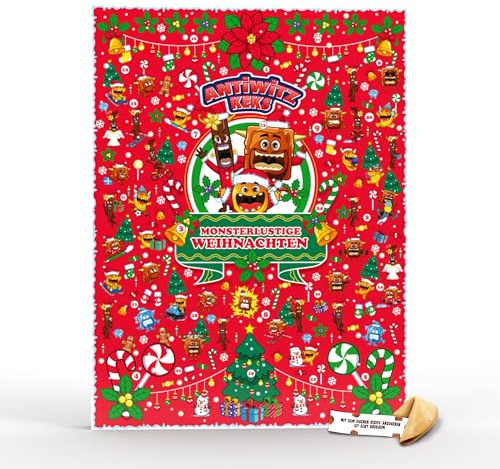 XXL Adventskalender 2025 mit 24 Glückskeksen & flachen Witzen - Karamell-, Vanille-, und Mango-Geschmack - Glückskekse, einzeln verpackt - Lustiger Weihnachtskalender für Kinder, Erwachsene & Familien