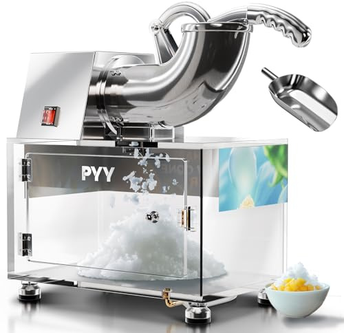 PYY Snow Cone Machine - Commercial Ice Crusher Shaver, Electric Crushed Shaved Snowcone Maker, All-Copper Motor 440LBS/H 1400RPM, Stainless Steel Full Body, Dual Blades, Acrylic Box and Drain Pipe