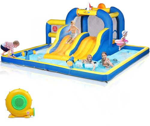 LALAHO Inflatable Bouncy Castle with Dual Slides, Kids Bounce House W/Basketball Rim, Jumping Area, Splash Pool & Ball Target for Indoor & Outdoor Includes 450W Blower, 470x472x225cm
