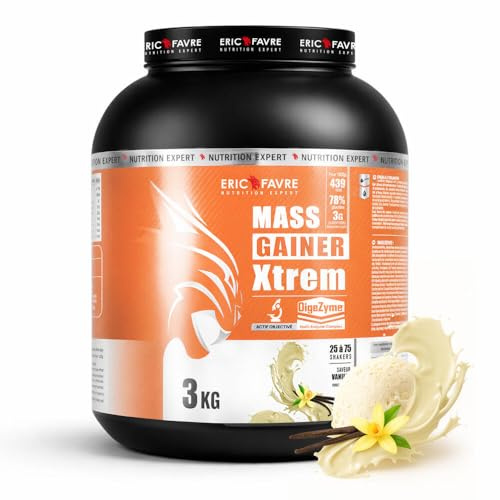 MASS GAINER XTREM avec CREATINE - Gainer Prise de Masse - 433 kcal, 94g Glucides, 3g Créatine, Whey + Digezyme - 3kg - Saveur Vanille - Eric Favre