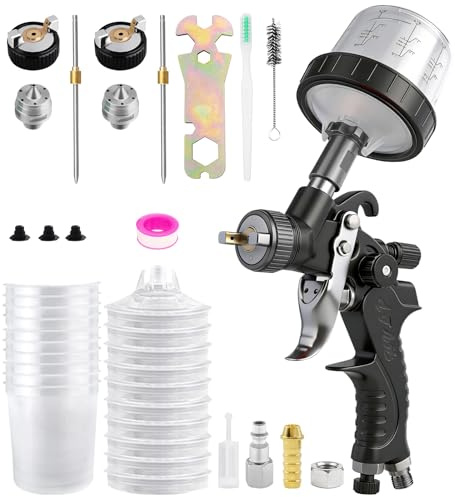 RRJ Mini HVLP lackeringspistol, sprutpistolsats med 2 munstycken 0,8/1,0 mm & 10 x 200 ml engångssprutpistolskopp, lätt färgpistol lackeringspistol, tryckluft, för möbler, vägg, staket, dörrar