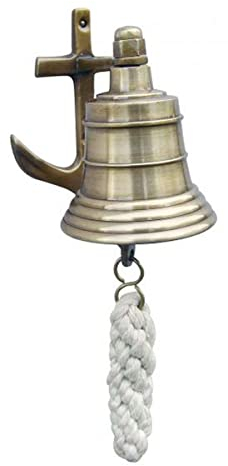 linoows Schiffsglocke mit Wandhalter als Anker, Wand Glocke, Altmessing Ø 5,5 cm