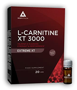 Bodyathlon - L Carnitina 3000 Líquida Extreme XT - Con Taurina y Guaraná - Suplemento Deportivo – Alta concentración - 20 Viales Sabor Tropical