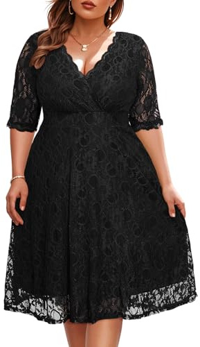 Women's Plus Size Wedding Guest Cocktail Party Semi Formal Lace Wrap V Neck Knee Length Dress Black Size 16