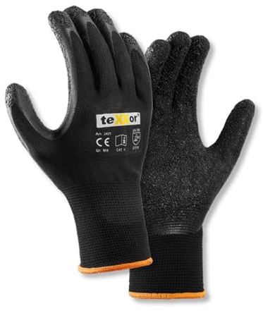 texxor 120 Stück Polyester-Strickhandschuhe 2425, Latex, schwarz, 10/XL, Karton, Strickhandschuhe, Arbeitshandschuhe, Schutzhandschuhe