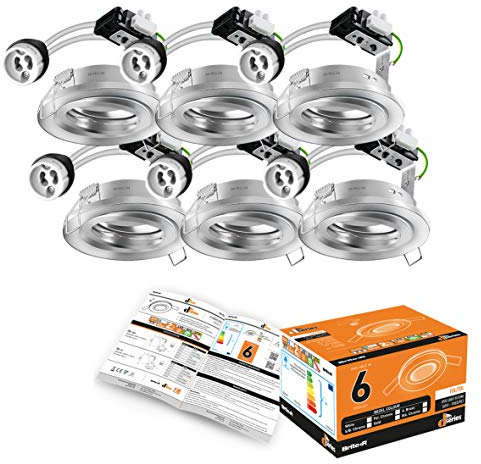 6X GU10 Tilt Swivel Downlight Satin Chrome Brite-R LED Spotlight Recessed Ceiling Light Fitting Pressed Steel IP20 Rated Halogen Compatible CE Approved Easy Installation 2 Year Warranty No Bulb