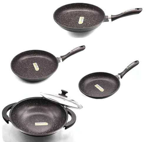 Schumann Professionnel - Lot de 3 Poêles Revêtement en Pierre 20/24/28cm - Wok 32cm - Compatibles Tous feux dont Induction - Fonte d'Aluminium Sans PFOA - Manches Fixes - Couvercle Wok Inclus