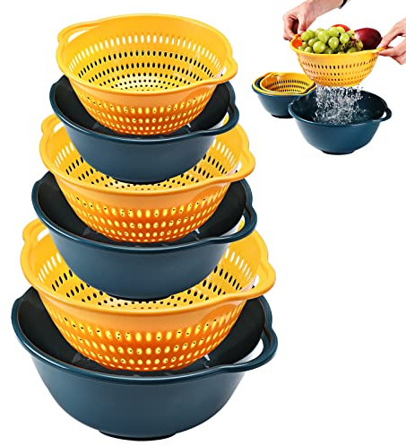 LRECNOM 6 Pieces Colander with bowl, Food Strainer for Pasta Veggies and Fruits, BPA Free, Dishwasher Safe (blue)