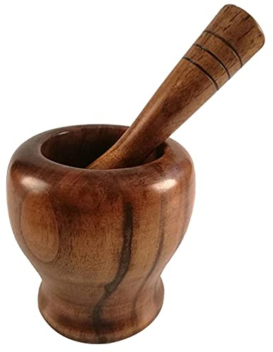 Mortier et pilon manuel en bois de bambou – avec couvercle, cuillère, broyeur, presse-purée pour poivre, ail, herbes, épices