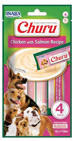 INABA Churu Perros - Receta Saludable de Pollo con Salmón - Golosinas para Dar de Comer con la Mano - Delicioso Snack para Adiestramiento - Sin colorantes ni Conservantes - 56g (4 x 14g)