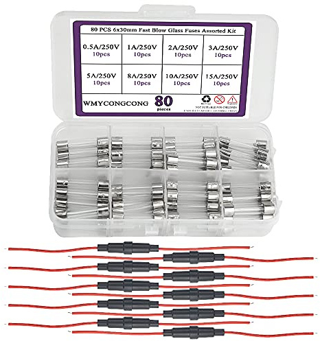 WMYCONGCONG 10 STÜCKE 6 x 30 mm Sicherungshalter Inline Schraube Typ 20 AWG + 80 STÜCKE 6 x 30 mm Flinke Glassicherungen Flinke Autoglasrohrsicherungen Sortimentssatz