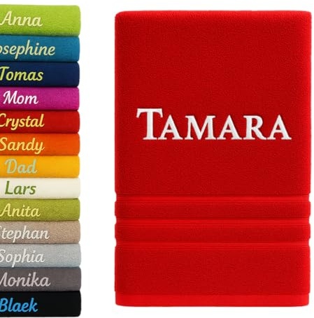 Pet-Jos Personalisiertes Badetuch mit Namen Schön Bestickt Name Benutzerdefinierte Handtuch 140 x 70 cm Badetuch Baumwolle Handtuch (Rot)