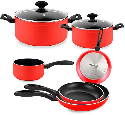 Fagor Maxima Lot de 8 casseroles à induction : 2 casseroles de 20 à 24 cm, 2 couvercles en verre, 3 poêles de 18 à 20 et 24 cm, casseroles de 16 cm, en aluminium forgé, revêtement anti-adhésif sans