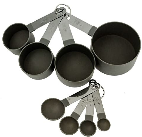Juego de 8 tazas medidoras de plástico gris pastel y cuchara con mango de metal