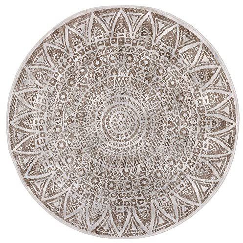 freundin Home Collection Lilja Flachgewebe In- und Outdoor Wendeteppich Wetterfest Modernes Mandala Design Teppich für Balkon Terrasse Garten Wintergarten Wohnzimmerteppich Wasserfest, Ø 200 cm, Linen