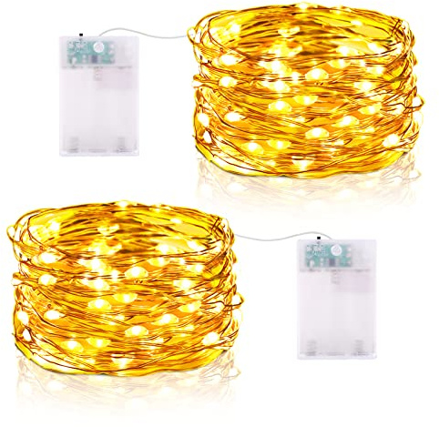 Vacoulery Ljusslingor batteritimer, 5 m 50 LED mikrotrådsljuskedja IP65 vattentät koppartråd ljusslinga för rum fest trädgård jul halloween bröllop dekoration gör-det-själv (2 stycken, varmvit)