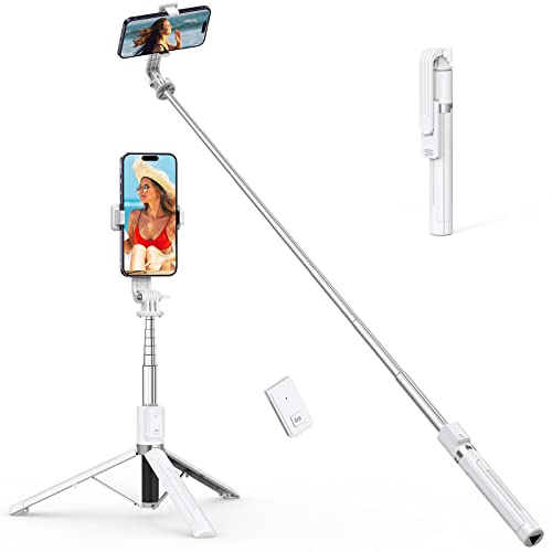 ATUMTEK 49 Bastone selfie, Selfie Stick Stabile con Telecomando Bluetooth Staccabile, Asta Selfie Compatibile con iPhone 14 Pro Max/14 Plus/14/13/12/11, Samsung, LG, Smartphone Google, Bianco