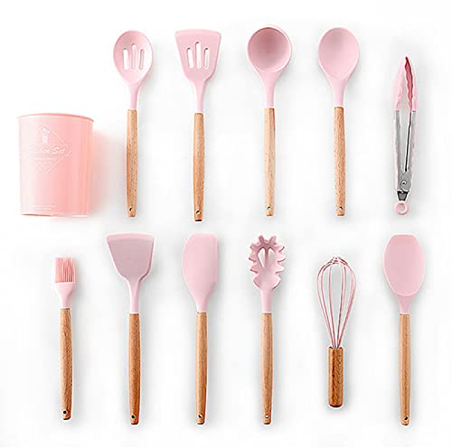 Set di utensili da cucina Set di utensili da cucina in silicone Set di utensili da cucina Turner Pinze Spatola Cucchiaio da zuppa Rosa 12 pezzi