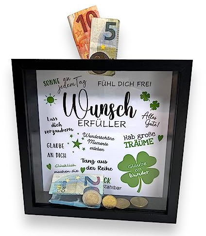 BUSDUGA 4305 Sparkasse Bilderrahmen WUNSCHERFÜLLER, 20x20x5cm, Spardose Geldgeschenk (Schwarz)