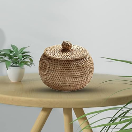 Panier De Rangement en Osier avec Couvercle Panier Rotin Petite Boîte en Osier Corbeille à Fruits Ronde en Rotin Naturel Tissées en Rotin Naturel pour Chambre Salon Bureau